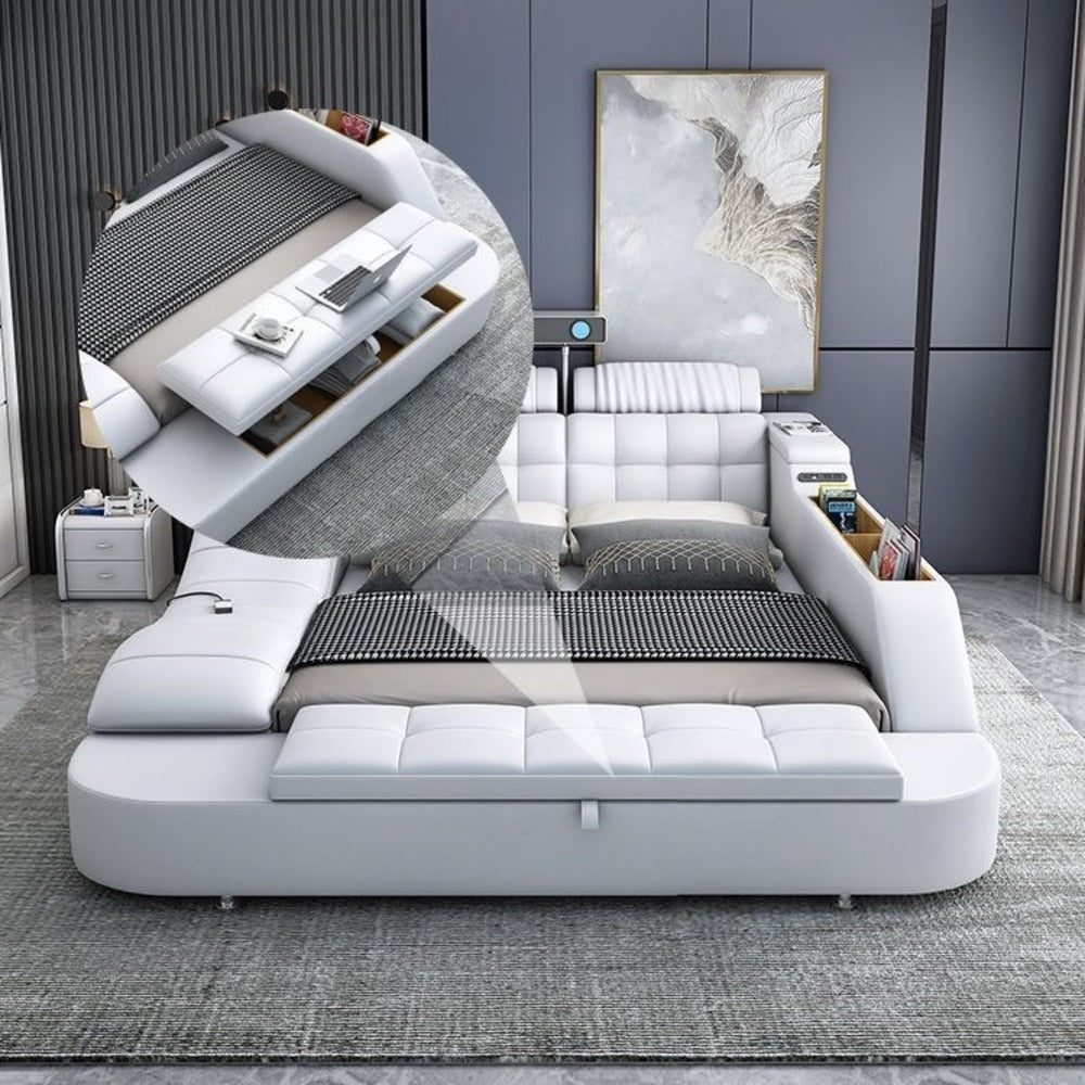 Smart Bed with Projector Wireless Charging Bluetooth Speaker Seat and Small Dressing Table Safe and Side Cabinet Plus Back and Neck Massager - King Size : 180*200