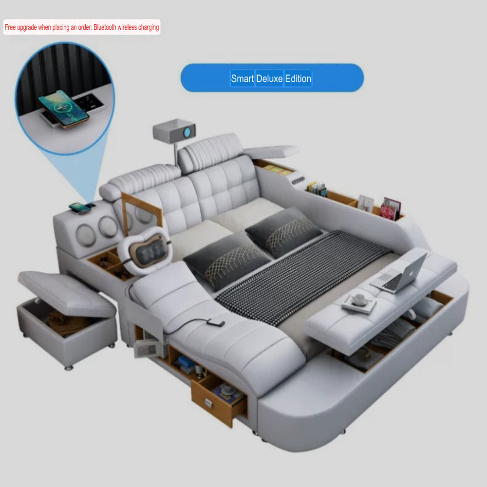 Smart Bed with Projector Wireless Charging Bluetooth Speaker Seat and Small Dressing Table Safe and Side Cabinet Plus Back and Neck Massager - King Size : 180*200