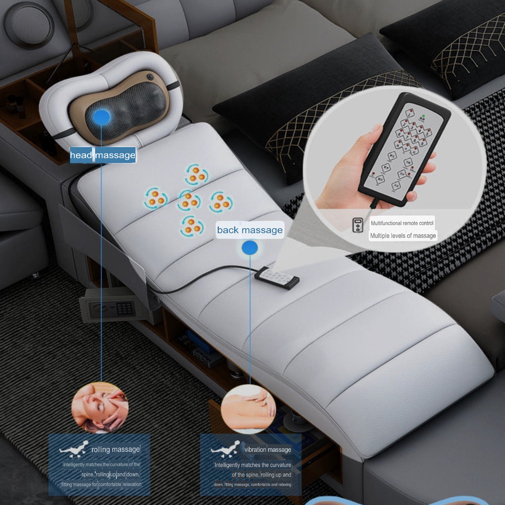 Smart Bed with Projector Wireless Charging Bluetooth Speaker Seat and Small Dressing Table Safe and Side Cabinet Plus Back and Neck Massager - King Size : 180*200