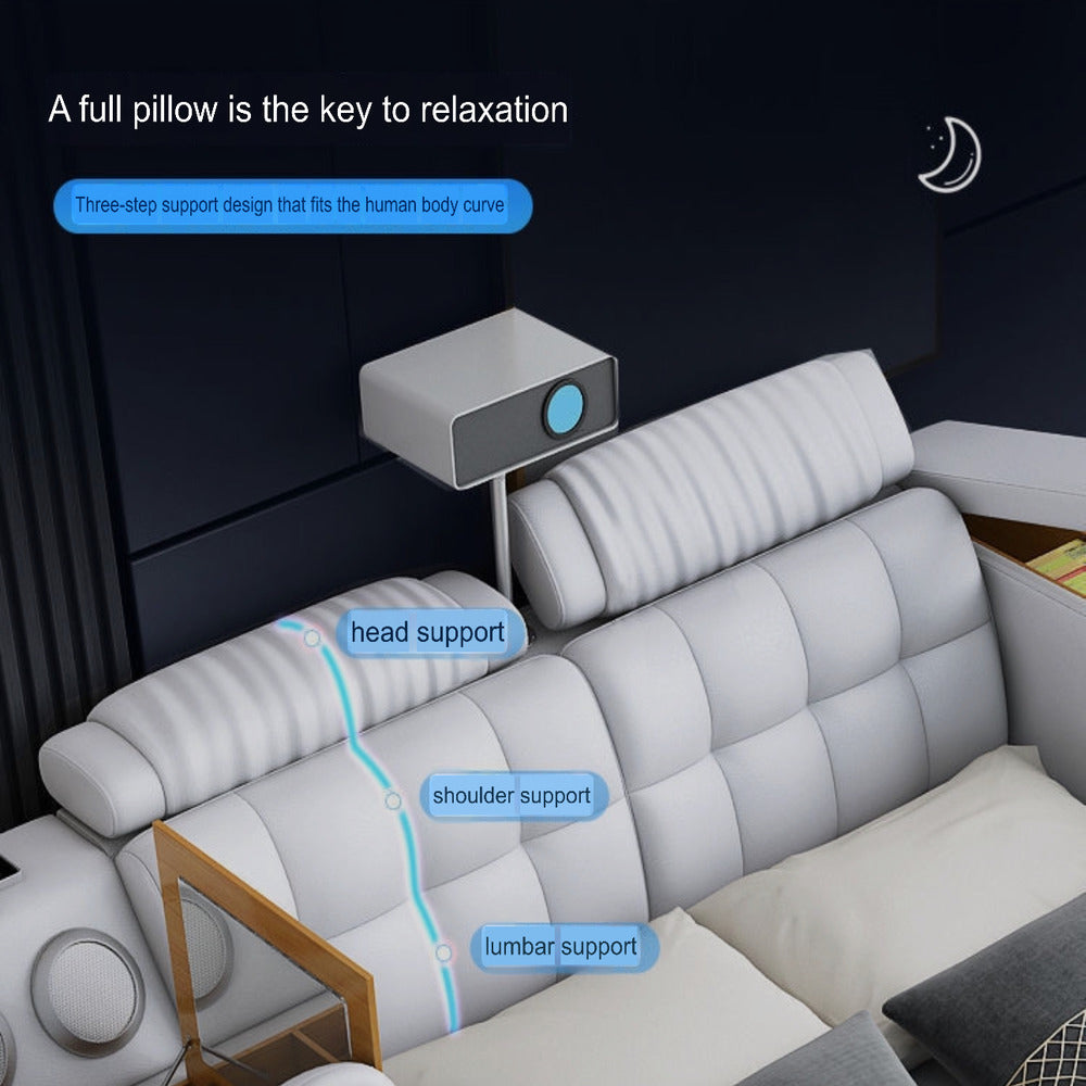 Smart Bed with Projector Wireless Charging Bluetooth Speaker Seat and Small Dressing Table Safe and Side Cabinet Plus Back and Neck Massager - King Size : 180*200