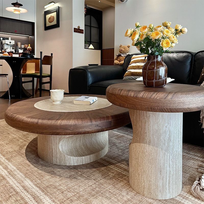 Solid Wood Coffee Tables Set Wooden - Beige Base 90cm