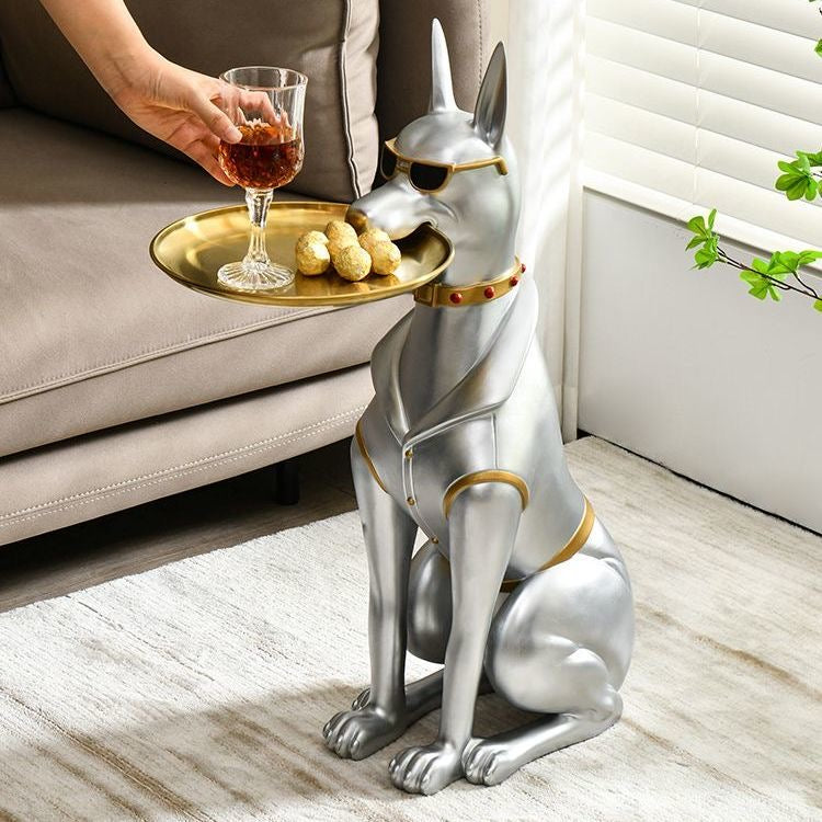Luxury Dog Statue Key Tray Coffee Table - Decorative Resin Dog Figurine with Sunglasses - Multipurpose Key Holder, Side Table, or Snack Tray - Unique Home Decor for Living Room, Office