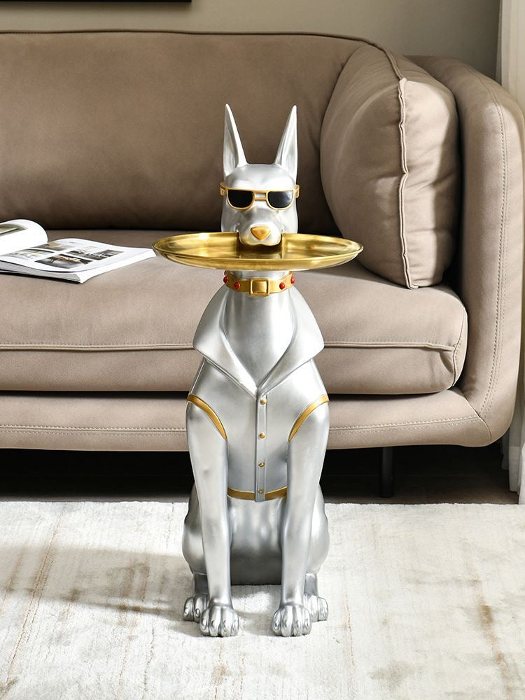 Luxury Dog Statue Key Tray Coffee Table - Decorative Resin Dog Figurine with Sunglasses - Multipurpose Key Holder, Side Table, or Snack Tray - Unique Home Decor for Living Room, Office