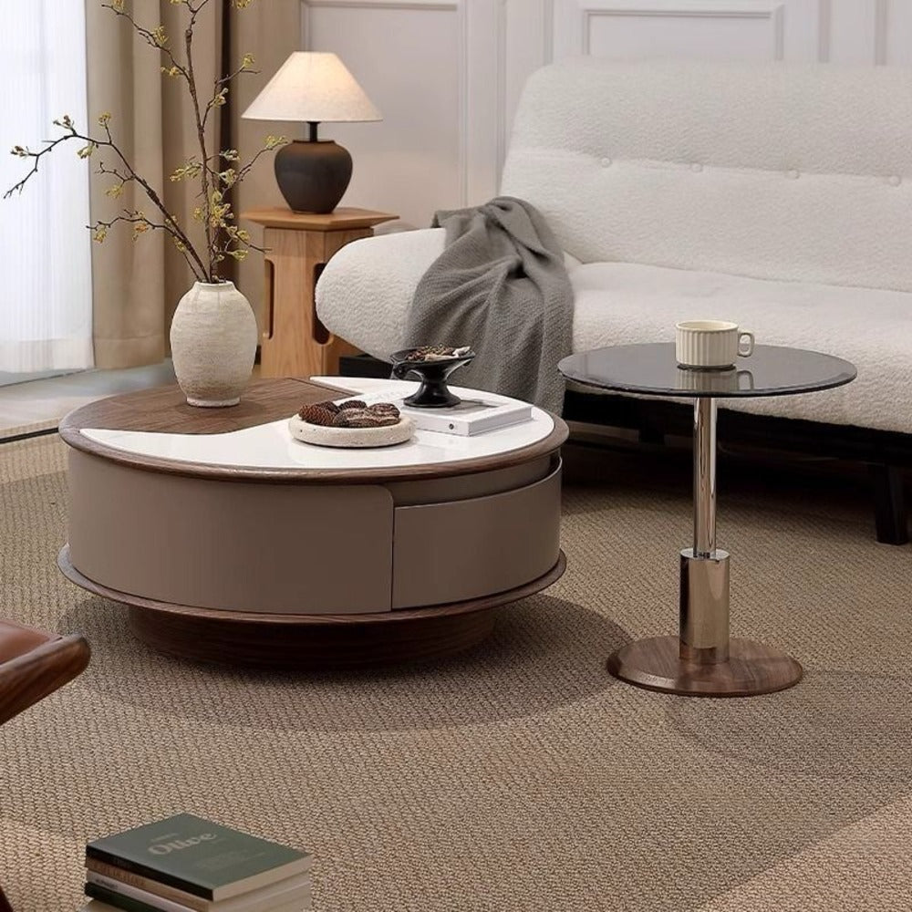 solid wood coffee table ; luxury coffee table ; heavy wood table ; round table set ; modern side table ; durable furniture ; high-end living room furniture ; hidden storage coffee table ; wood and glass table ; contemporary furniture ; premium wood table