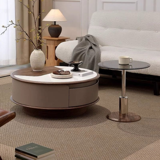 solid wood coffee table ; luxury coffee table ; heavy wood table ; round table set ; modern side table ; durable furniture ; high-end living room furniture ; hidden storage coffee table ; wood and glass table ; contemporary furniture ; premium wood table