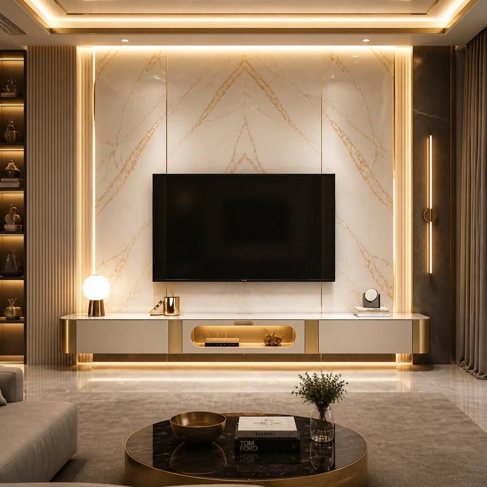 Luxury TV Table Marble Top - 240cm Gold Accent