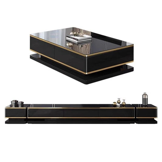 Luxury black living room furniture set featuring a TV console, coffee table, and two side tables with elegant gold trim and contemporary design.1