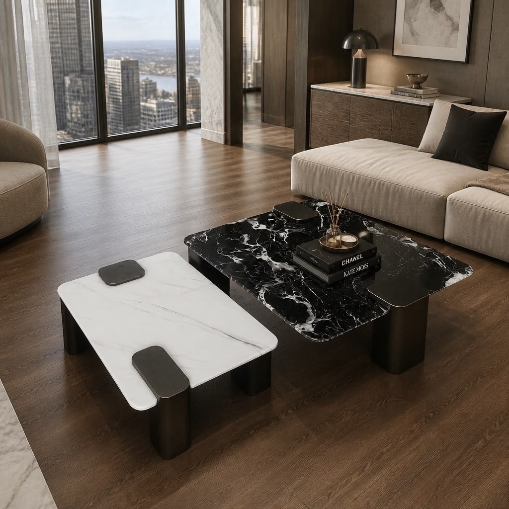 Luxury nesting coffee table set featuring a 90×90 cm black marble table and a 70×70 cm white marble table with sculptural metal bases and contemporary design.