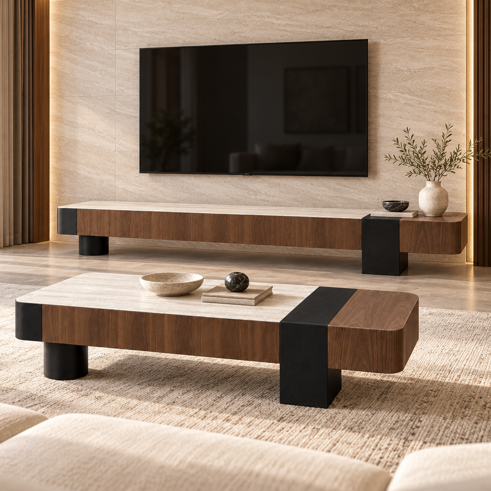 Walnut coffee table with black accents and travertine-effect top