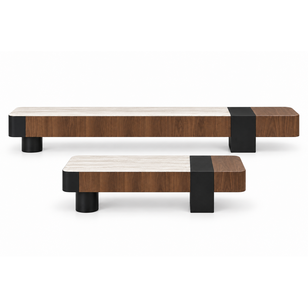 Walnut TV unit with three drawers and travertine-effect top