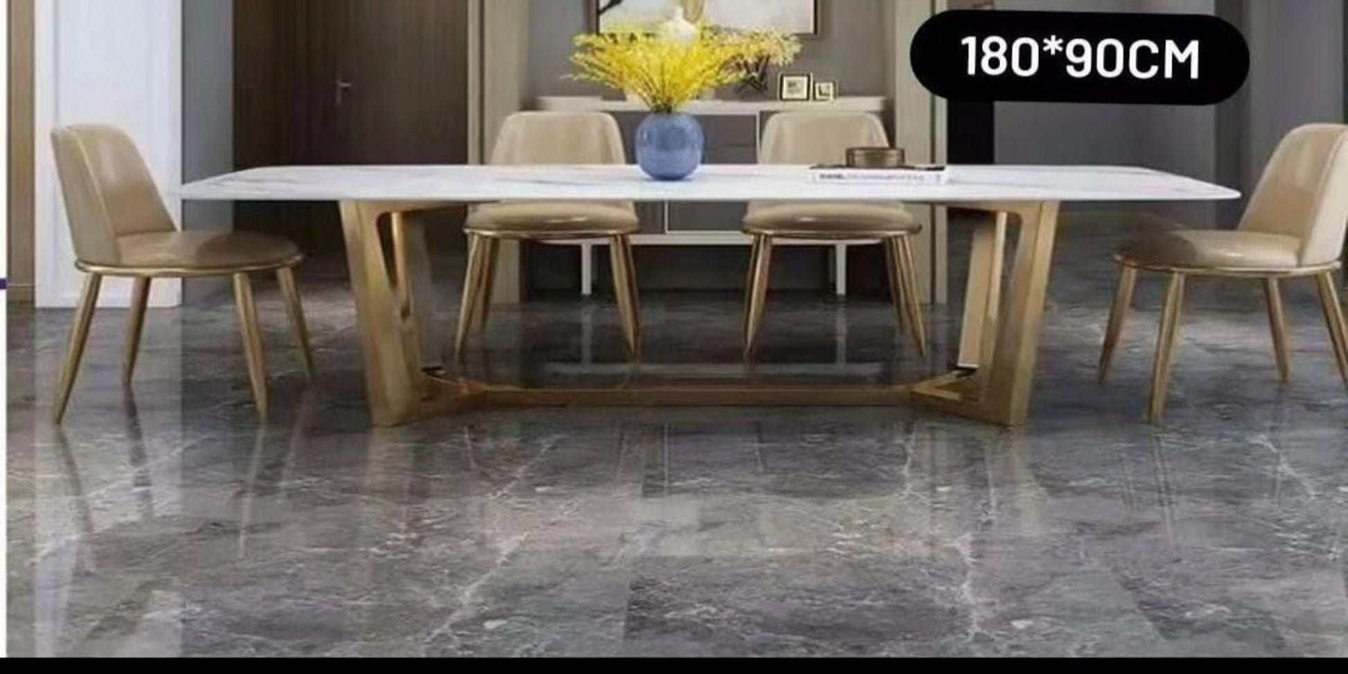 Dining Table with Chairs - Dining set - Dining room furniture - Dining Table and Chairs - Modern Dining Table Set - Compact dining table with chairs - Modern - Vintage - Luxury 
 - Gold-legged chairs - White marble dining table - 6-seater dining table - Rectangular dining table - Contemporary dining table - Elegant dining furniture
كراسي ذات أرجل ذهبية
طاولة طعام من الرخام الأبيض
طاولة طعام تتسع لـ 6 أشخاص
طاولة طعام مستطيلة
طاولة طعام معاصرة
أثاث طعام أنيق -طاولة طعام مع كراسي - طقم طعام - أثاث غرفة الطعام
