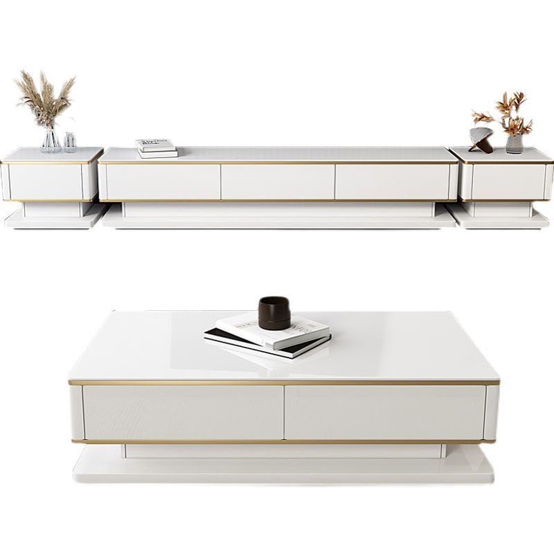 Modern white living room furniture set featuring a TV console, coffee table, and two side tables with elegant gold accents and integrated storage drawers.
