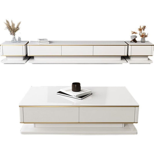Modern white living room furniture set featuring a TV console, coffee table, and two side tables with elegant gold accents and integrated storage drawers.