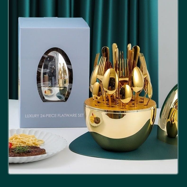Spoon Holder With Spoon Egg Shape Tableware Storage Holder Spoon Stand Utensil Organizer Fork And Knife Caddy Plastic Cutlery Storage For Kitchen, (Gold 6 Spoon & 1 Ice Tong)