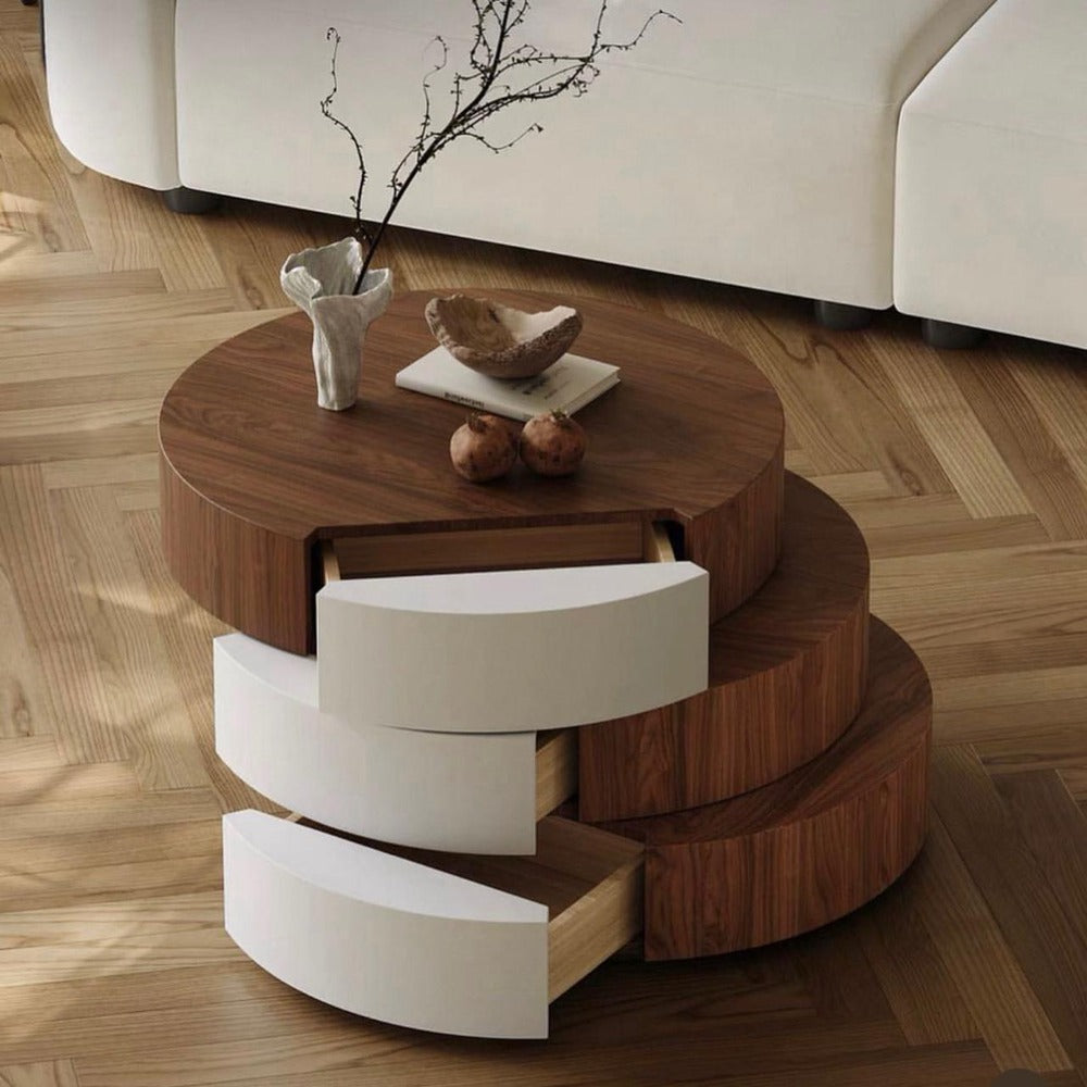 wooden coffee table, round coffee table, 3-tier coffee table, rotating table, modern coffee table, swivel table, wooden furniture, living room table, space-saving coffee table, contemporary coffee table