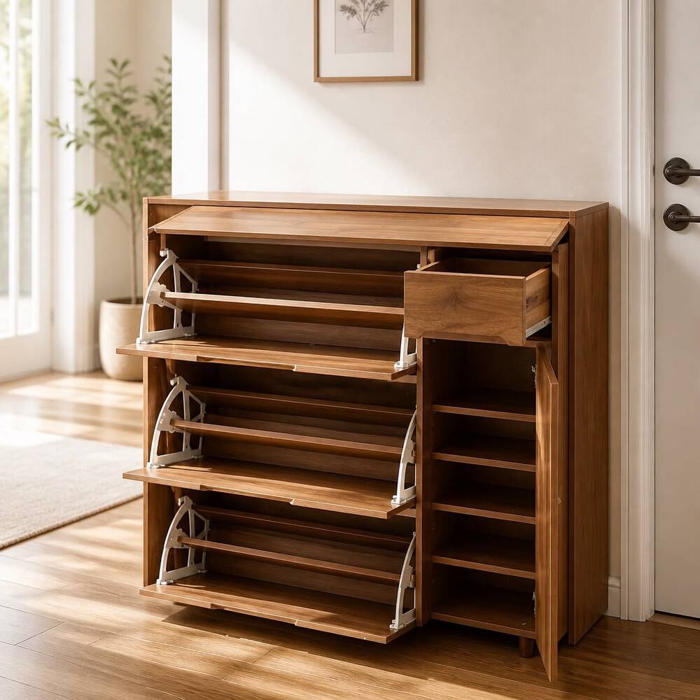 Warm Wooden Storage Shoe Cabinet 100x25x120 cm
