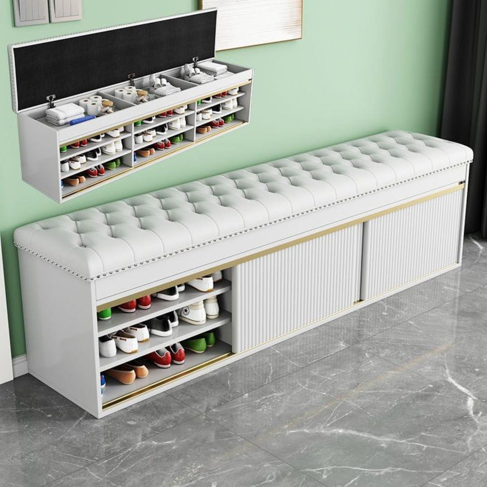  shoe storage bench ; ottoman with storage ; tufted bench ; sliding door shoe cabinet ; entryway furniture ; modern storage solution ; home organization ; cushioned seating ; elegant shoe rack  ;luxury shoe cabinet ; Modern ottoman with storage ; Elegant home ; decor bench ; Space-saving shoe rack