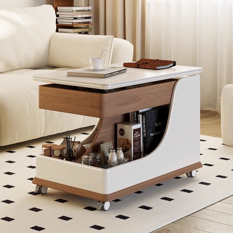modern coffee table - storage coffee table - multifunctional table - rolling coffee table - contemporary design - wooden and white coffee table - living room furniture - compact storage solution - side table with drawers - minimalist furniture .