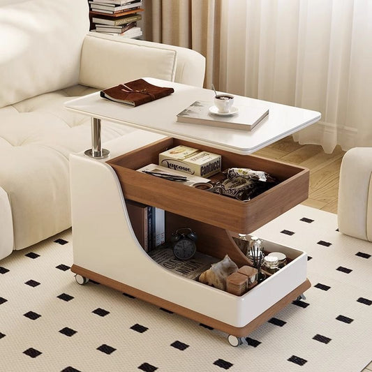 modern coffee table - storage coffee table - multifunctional table - rolling coffee table - contemporary design - wooden and white coffee table - living room furniture - compact storage solution - side table with drawers - minimalist furniture .