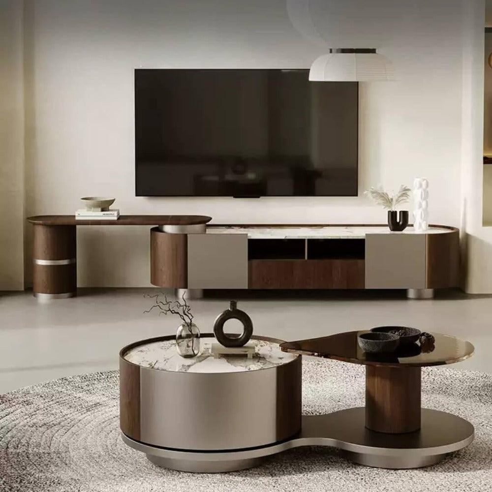 minimalist furniture ; luxury living room table ; contemporary interior ; wooden coffee table ; designer furniture ; home décor ; stylish center table ; elegant living room ;elegant wooden TV and Coffee table set