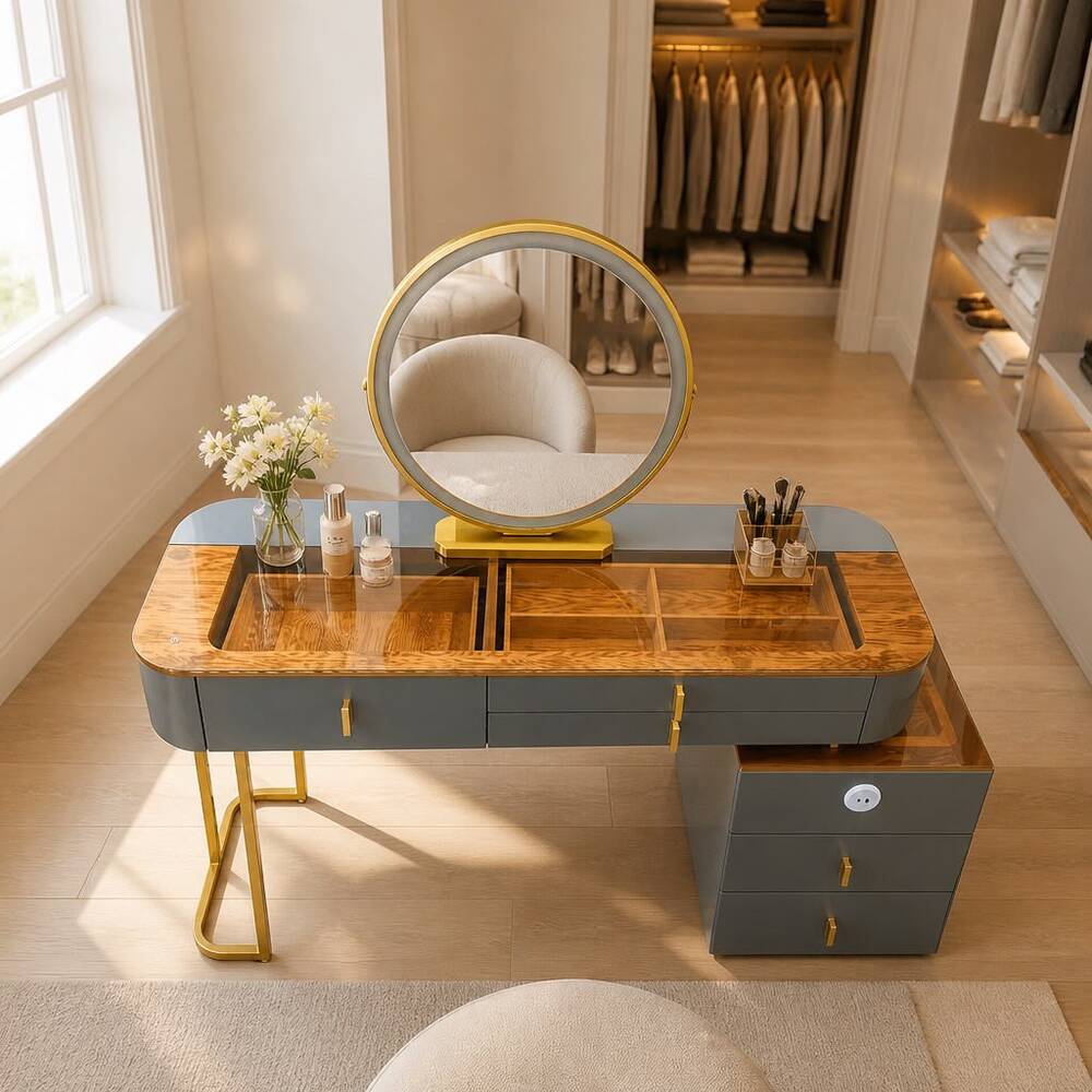 Vanity Table - Smart Cool Dressing Table Grey With Gold Accent