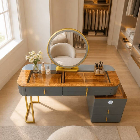 Vanity Table - Smart Cool Dressing Table Grey With Gold Accent