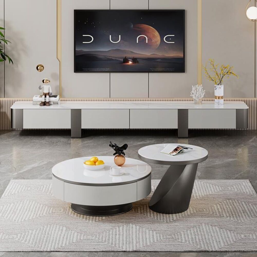 Solid Wood TV Table With Marble Top - Off White