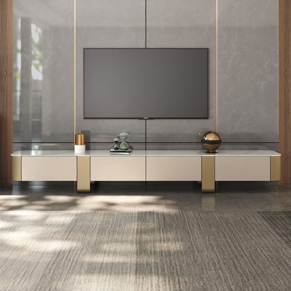 Solid Wood TV Table With Marble Top - Off White