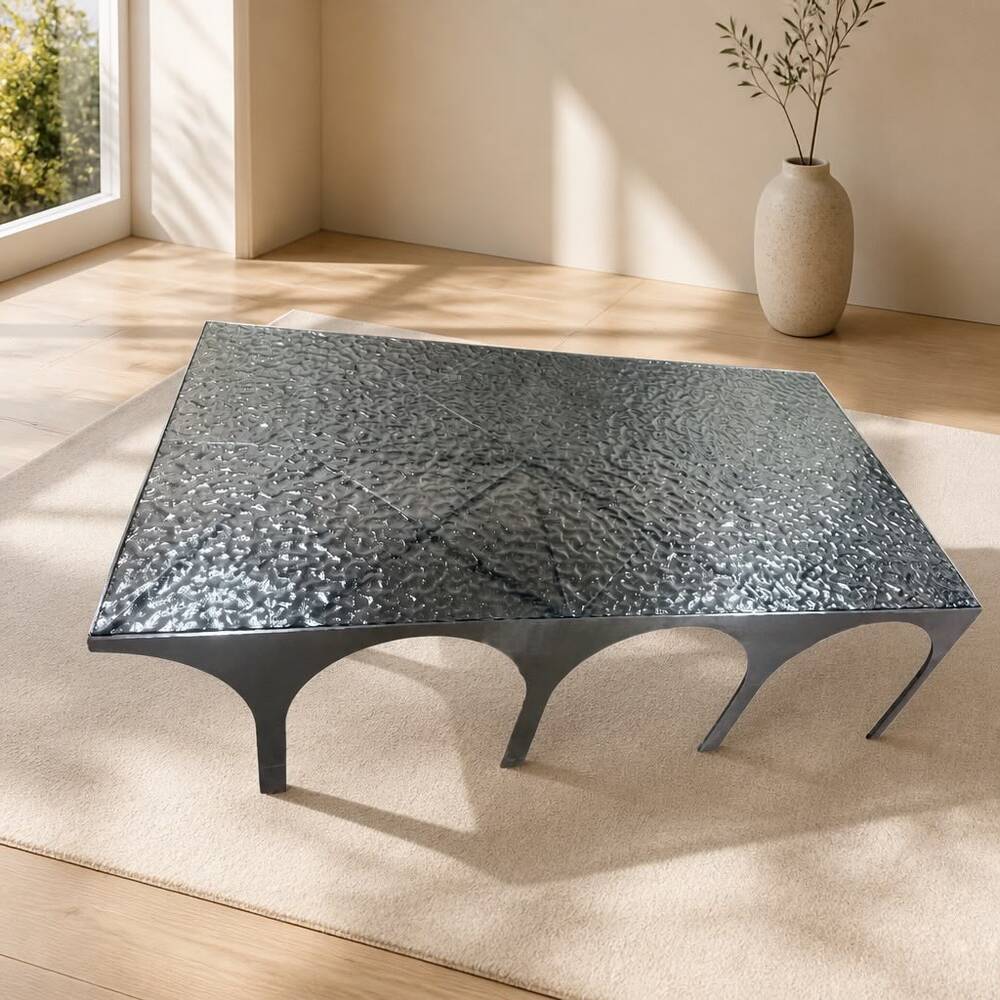 Textured Wave Glass Coffee Table with Modern Silver Frame