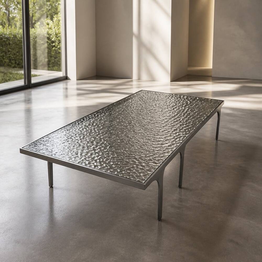Textured Wave Glass Coffee Table with Modern Silver Frame