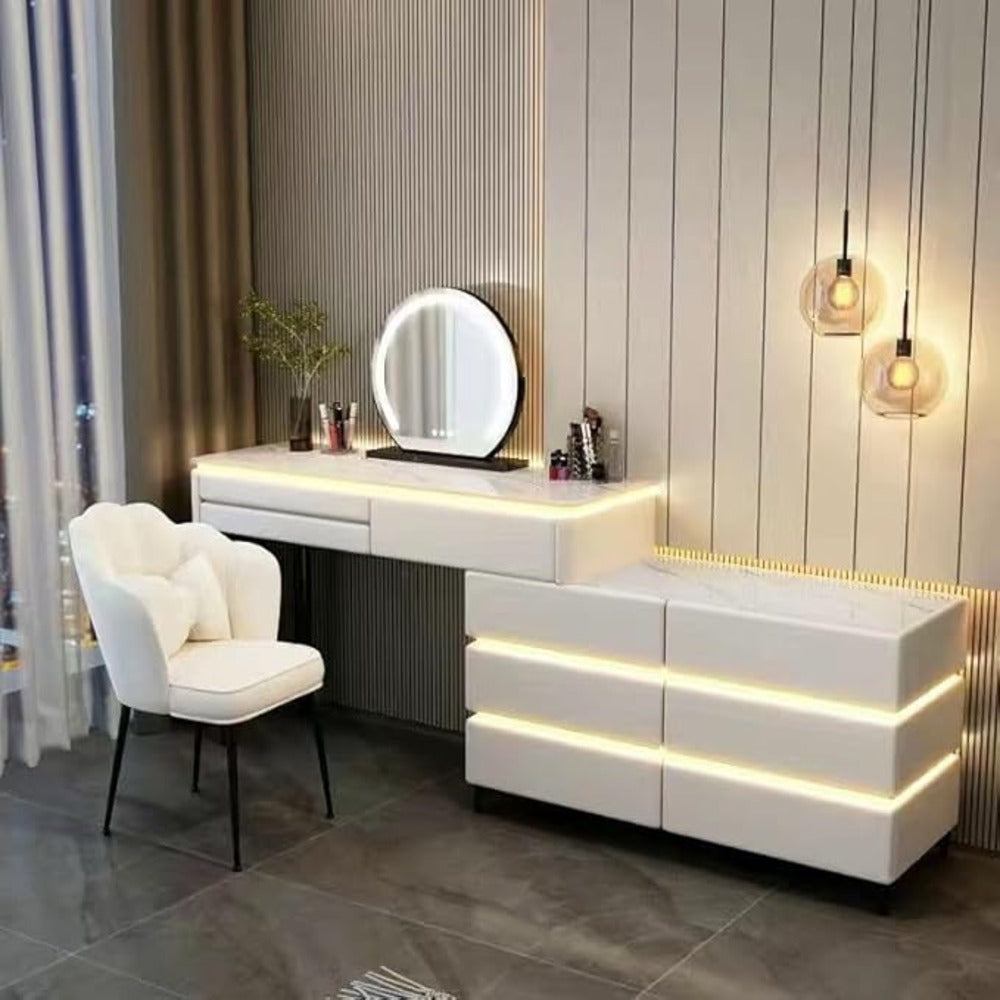 LED makeup table ; lighted vanity ; modern dressing table ; makeup vanity with drawers ; beauty station ; glam vanity ; makeup desk ; LED mirror vanity ; dressing table with lights ; bedroom vanity set ;  luxury vanity furniture
