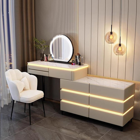 LED makeup table ; lighted vanity ; modern dressing table ; makeup vanity with drawers ; beauty station ; glam vanity ; makeup desk ; LED mirror vanity ; dressing table with lights ; bedroom vanity set ;  luxury vanity furniture