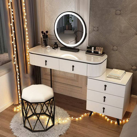 Vanity With LED Mirror and Chair White With Black Accent
