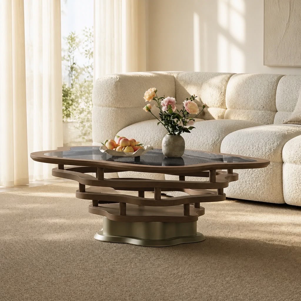 Aura Organic Wave Solid Wood & Tinted Glass Coffee Table 100cm