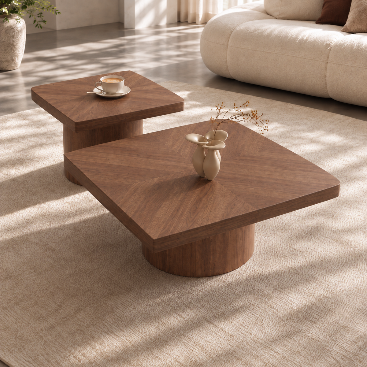 Neutral Wood Coffee Table Set of 2 – Modern Square Design