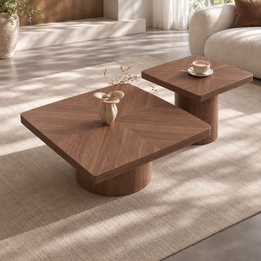 Neutral Wood Coffee Table Set of 2 – Modern Square Design