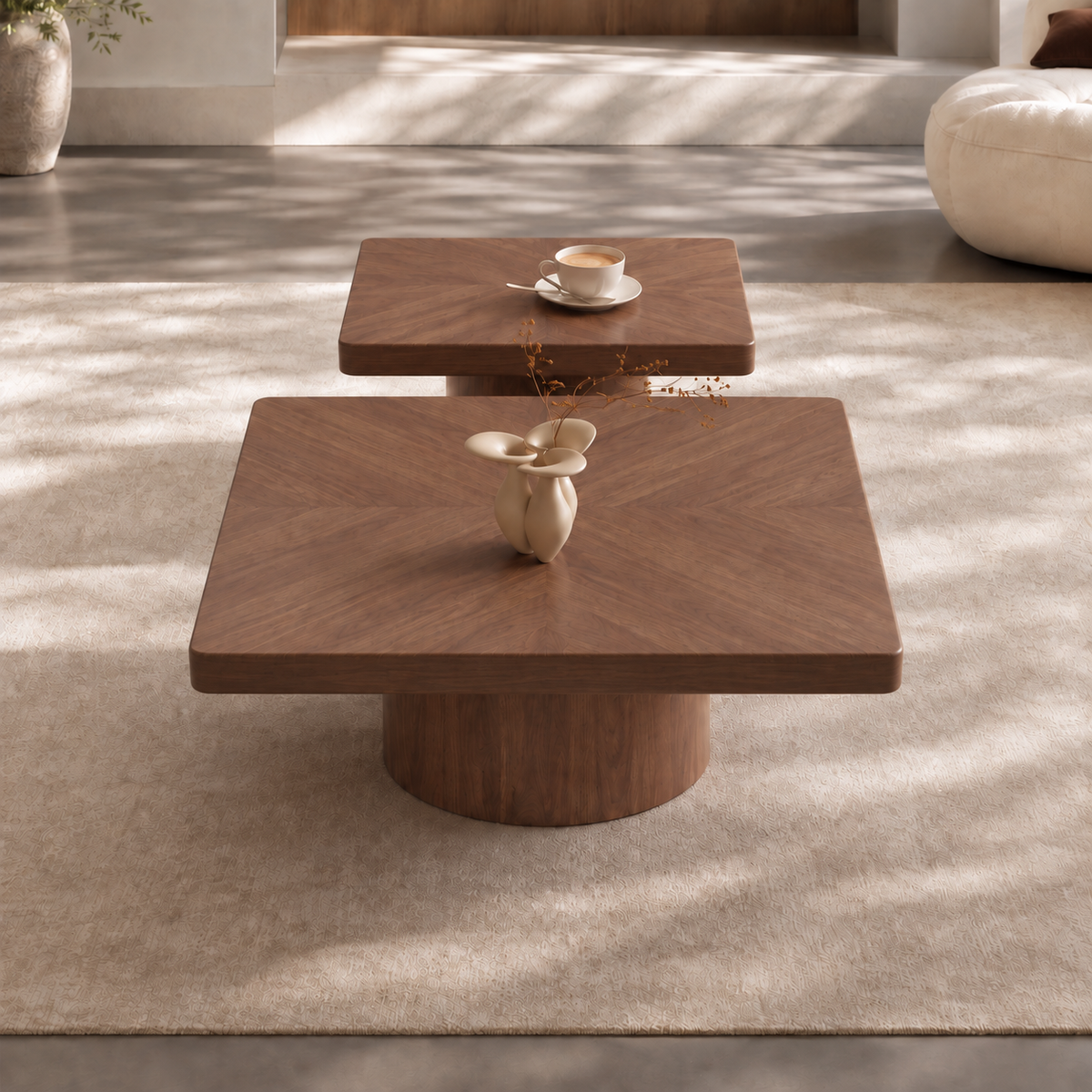 Neutral Wood Coffee Table Set of 2 – Modern Square Design