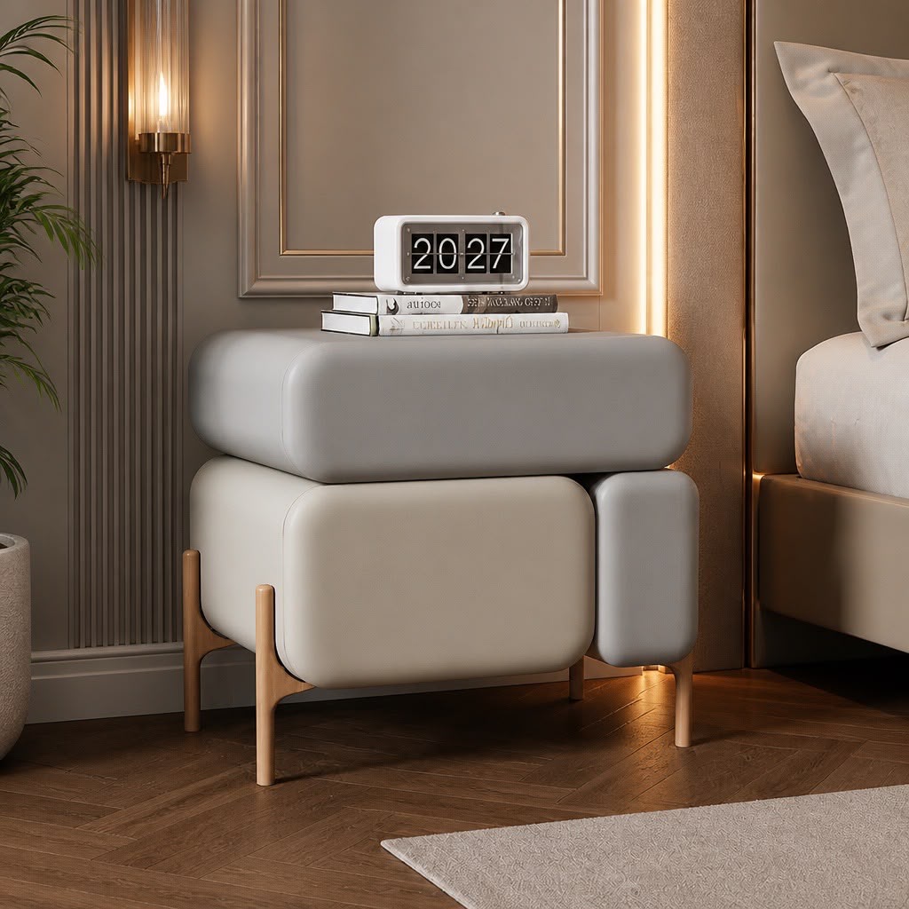 Aura Leather Nightstand – Ivory | Modern 3-Drawer Bedside Table