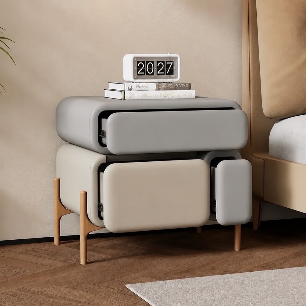 Aura Leather Nightstand – Ivory | Modern 3-Drawer Bedside Table