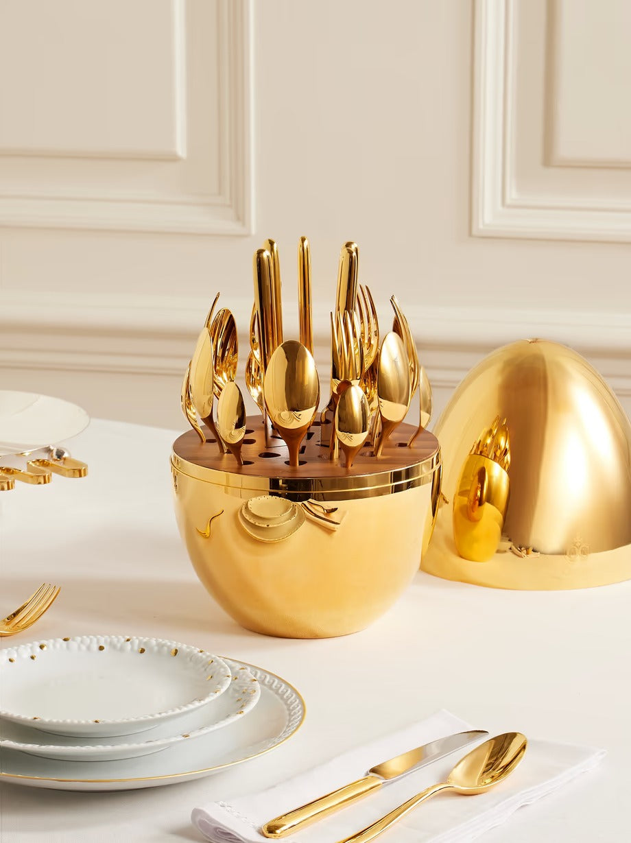 Spoon Holder With Spoon Egg Shape Tableware Storage Holder Spoon Stand Utensil Organizer Fork And Knife Caddy Plastic Cutlery Storage For Kitchen, (Gold 6 Spoon & 1 Ice Tong)