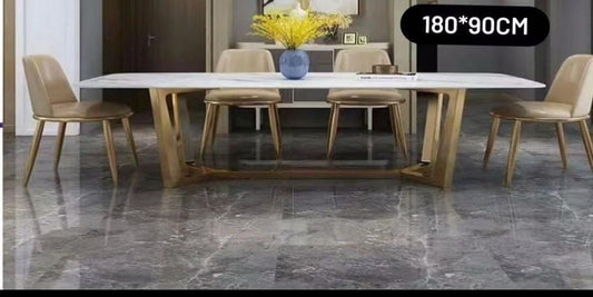 Modern Dining Table Set with Gold Base and Leather Chairs