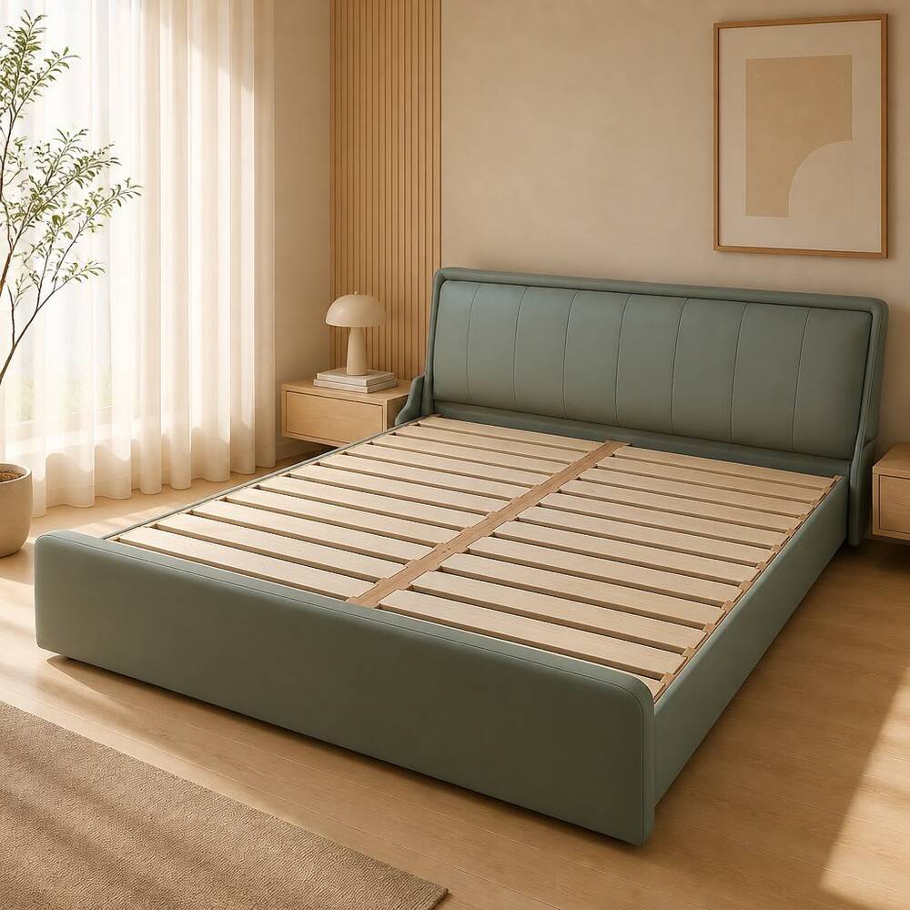 King Size Bed Frame Solid Wood And Leather 180x200 Grey