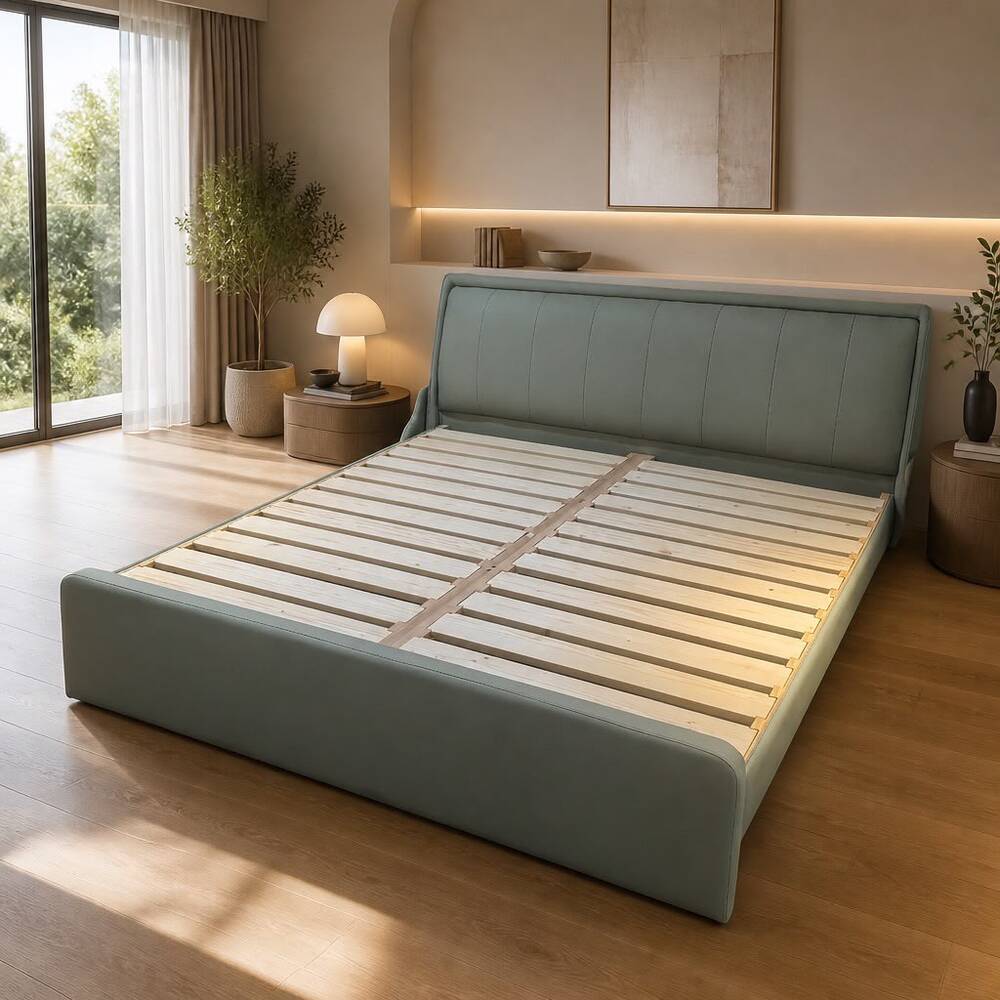 King Size Bed Frame Solid Wood And Leather 180x200 Grey