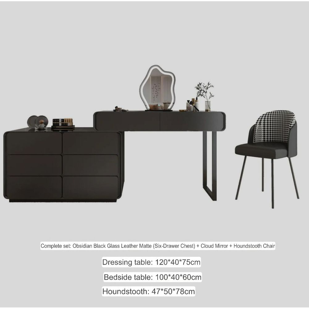 Black vanity set ; modern dressing table ; cloud-shaped mirror ; luxury makeup table ; minimalist furniture ;  six-drawer chest ; obsidian black vanity ; contemporary bedroom furniture ; elegant vanity set ; functional vanity set ; minimalist dressing table