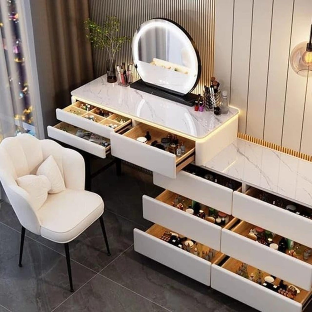 LED makeup table ; lighted vanity ; modern dressing table ; makeup vanity with drawers ; beauty station ; glam vanity ; makeup desk ; LED mirror vanity ; dressing table with lights ; bedroom vanity set ;  luxury vanity furniture