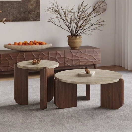 wood and travertine coffee table set of two