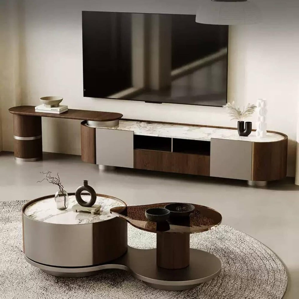 minimalist furniture ; luxury living room table ; contemporary interior ; wooden coffee table ; designer furniture ; home décor ; stylish center table ; elegant living room ;elegant wooden TV and Coffee table set