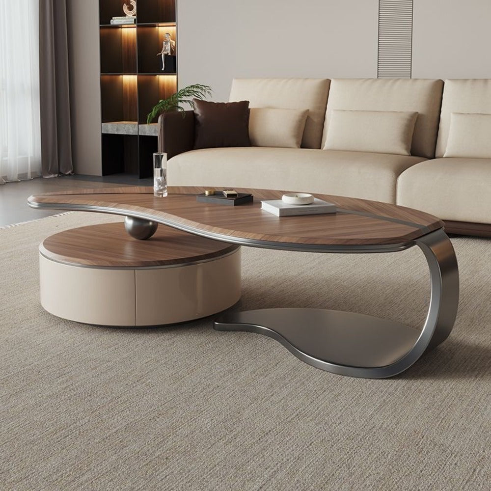 wooden coffee table, round coffee table, 3-tier coffee table, rotating table, modern coffee table, swivel table, wooden furniture, living room table, space-saving coffee table, contemporary coffee table