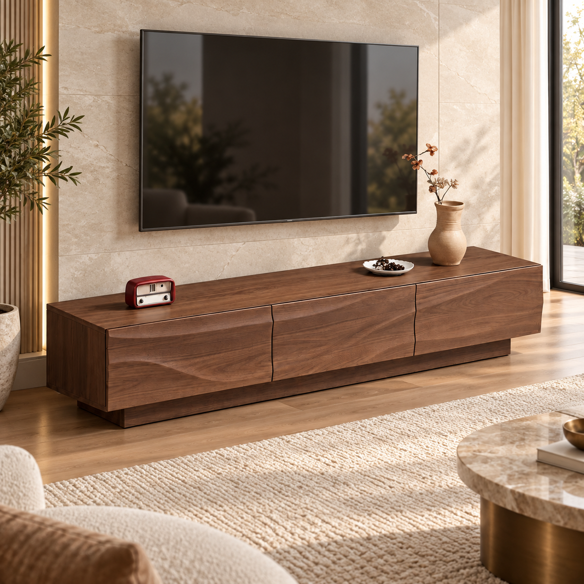 Sculpted Walnut Wooden Coffee Table & TV Unit Set