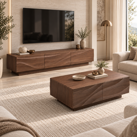 Sculpted Walnut Wooden Coffee Table & TV Unit Set
